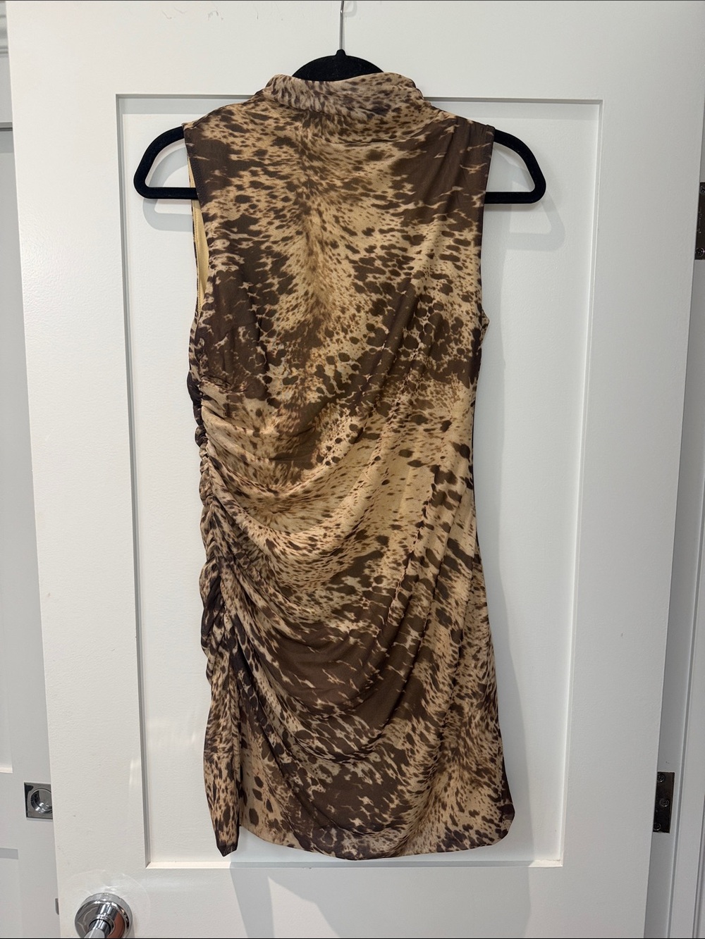 House of Harlow 1960 Brown and Tan Animal-Print Ruched Mock Neck Mini Dress